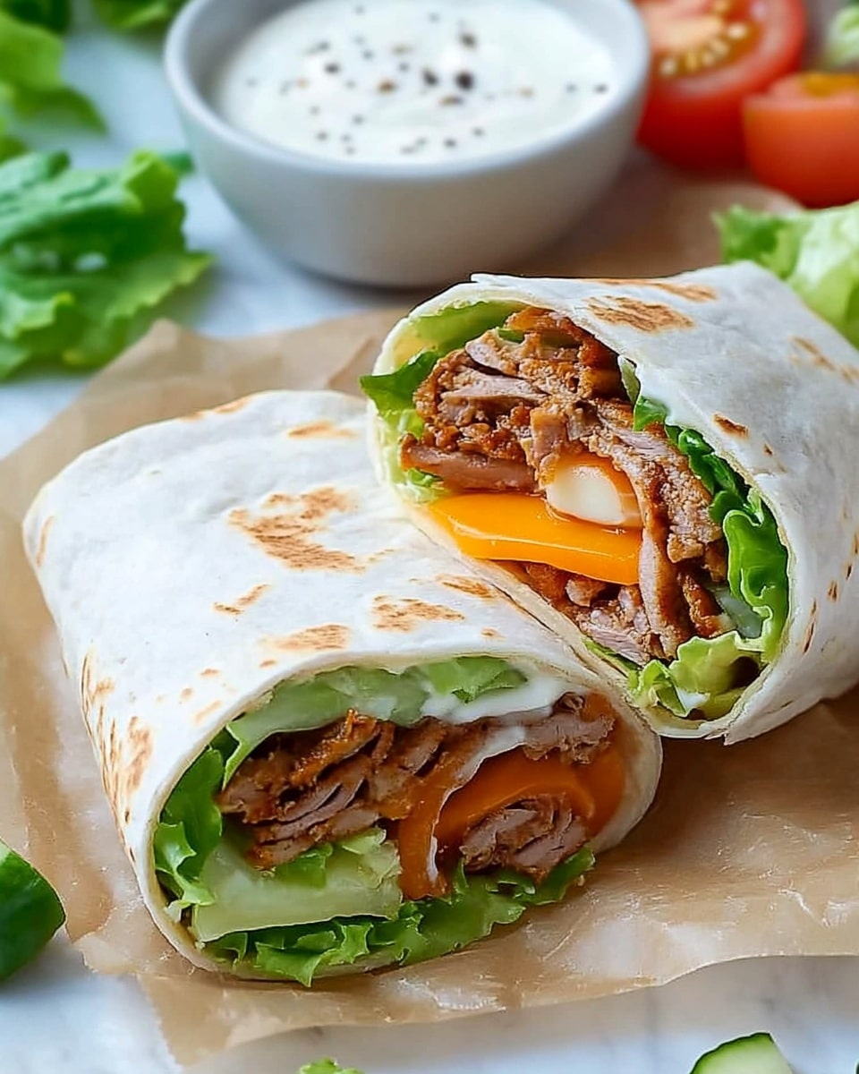 The image shows a white square plate on a white marbled surface holding three grilled wraps and some golden fries. Two wraps are whole and stacked in the back with light brown grill marks on the white tortilla. In front, one wrap is cut into two halves showing layers inside: a bottom layer of dark green leafy vegetables, a middle layer of ground cooked meat with brown and gray colors, and a red tomato slice just above the greens, with some bits of red onion mixed in. The fries sit on the right side of the plate, with a woman's hand holding one fry close to the plate. The scene is bright and clear, photo taken with an iphone --ar 4:5 --v 6.1