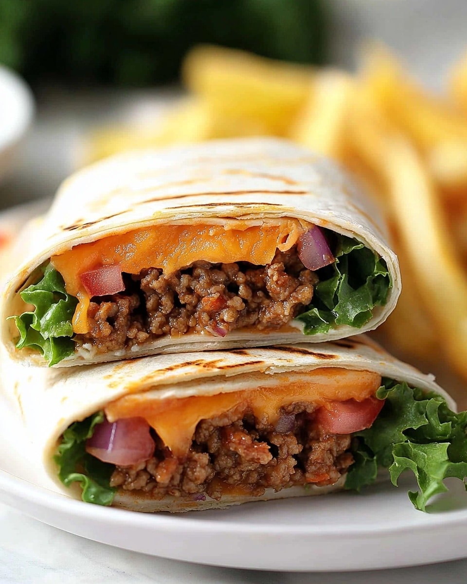 The image shows two white tortilla wraps on brown parchment paper over a white marbled surface. One wrap is whole while the other is cut in half. The wraps have visible layers inside: a base of green lettuce, a thick layer of brown cooked meat, and slices of orange cheese on top. Around the wraps, there are two red tomato slices and green lettuce pieces scattered. Next to the wraps, there is a white bowl filled with creamy white sauce with black pepper flakes. In the background, another white plate with more tomatoes and lettuce is slightly out of focus. Photo taken with an iphone --ar 4:5 --v 6.1