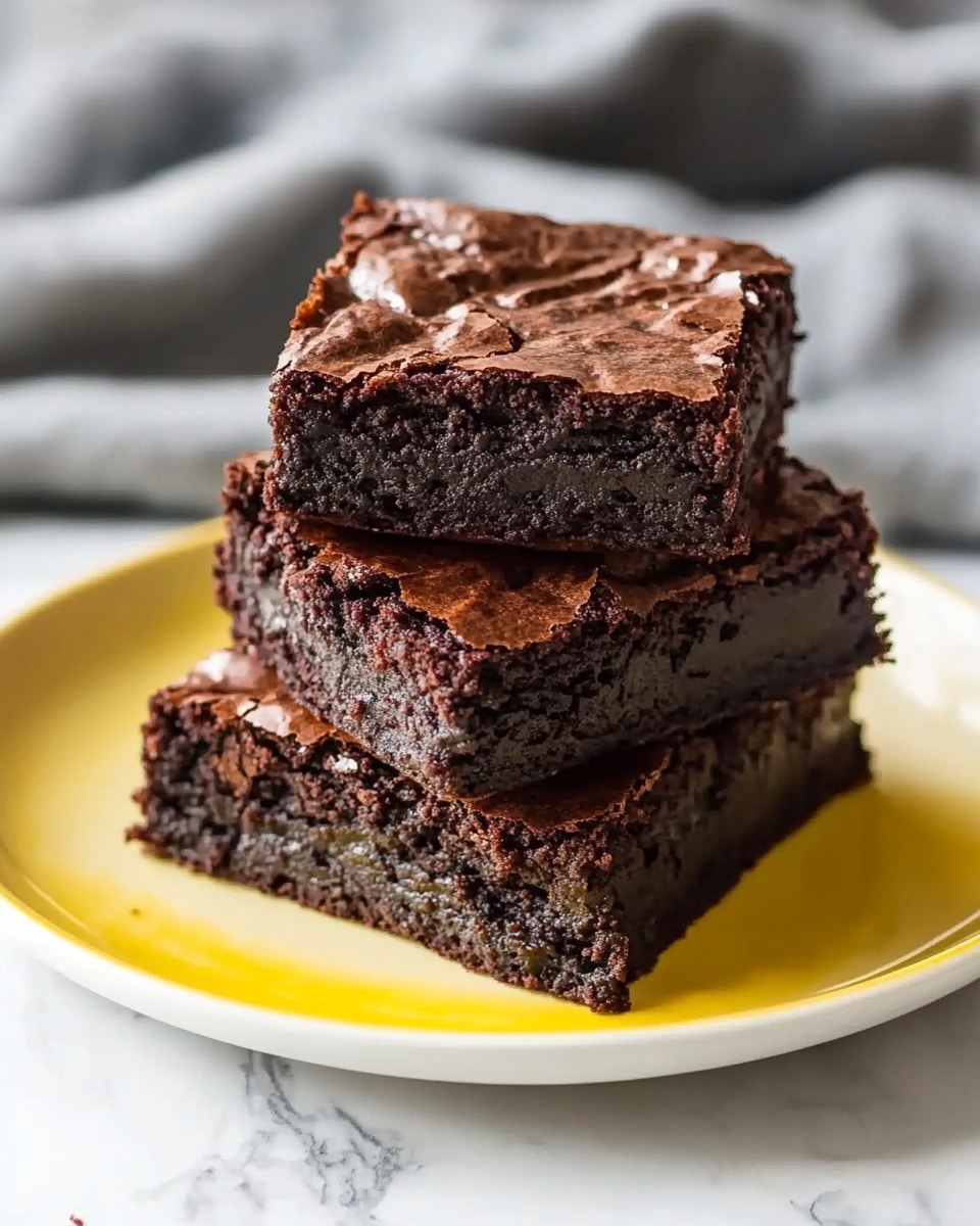 A stack of five dark brown brownies with a shiny, slightly cracked top layer sits on a white plate with a yellow rim. The brownies are thick and dense, showing a moist texture inside with small air pockets. The plate rests on a white marbled surface with a soft gray cloth partially visible in the background. The brownies are arranged with three at the bottom, one in the middle, and one on top, creating a small tower. Photo taken with an iphone --ar 4:5 --v 6.1