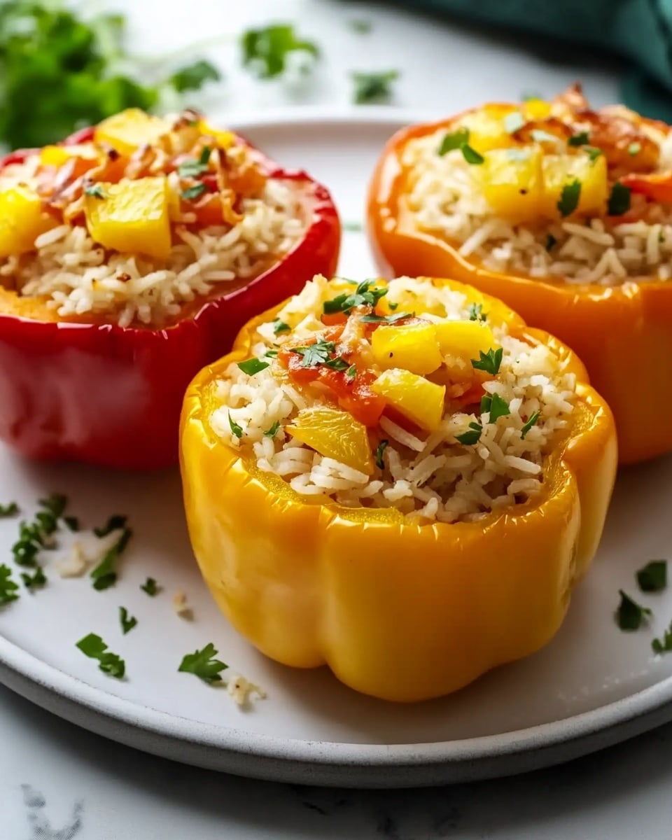 The image shows a round white plate with three stuffed bell peppers placed on a white marbled surface. The peppers have three layers each: the bottom is the colorful pepper shell, one yellow and two orange-red, smooth and shiny. The middle layer is filled with cooked white rice mixed with shredded pieces of cooked chicken or similar, showing a slightly moist and soft texture. On top, there are small pieces of yellowish cooked vegetables or fruit, possibly pineapple, and chopped green herbs scattered for garnish. The overall look is warm and fresh, with a slight shine on the food. Photo taken with an iphone --ar 4:5 --v 6.1