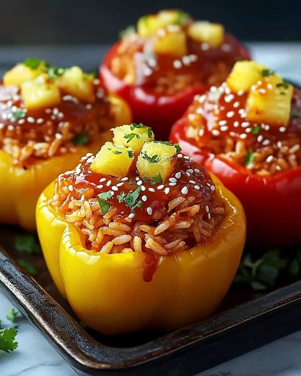 This image shows four stuffed bell peppers placed closely together on a dark tray, each pepper hollowed out and filled with a mixture of rice and shredded meat. The front pepper is yellow with the rice and meat mixture topped with small pineapple chunks, a shiny reddish sauce dripping down the sides, white sesame seeds, and small pieces of fresh green herbs sprinkled on top. Behind it are three red peppers filled the same way, with the sauce glistening and fresh herbs on each. The tray sits on a white marbled surface, adding a clean and bright contrast to the vibrant colors of the peppers and toppings. Photo taken with an iphone --ar 4:5 --v 6.1