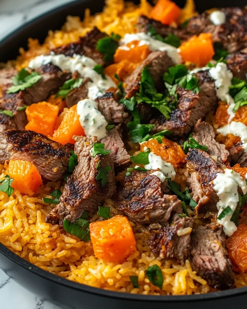 A white bowl holds a base layer of orange rice with visible small pieces of vegetables mixed in. On top of the rice are slices of cooked steak arranged around the bowl’s edge and some placed in the center. The steak pieces have a seared brown outside and a pinkish center showing they are cooked medium. Melted cheese covers the steak slices in the middle, with some green herb bits sprinkled on top as garnish. The bowl is placed on a white marbled surface. Photo taken with an iphone --ar 4:5 --v 6.1