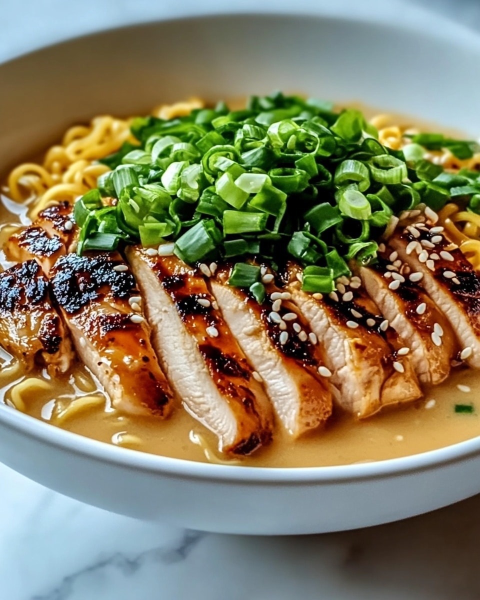A black bowl holds a creamy pale yellow broth as the base layer, filled with wavy, golden-brown noodles piled in the middle at the back. On the right front side, there are several thick slices of grilled chicken with a shiny, dark brown, slightly charred glaze, giving a textured and juicy look. To the left, there is a neat pile of bright green chopped scallions, adding a fresh touch. A pair of black chopsticks holds a few noodles near the top right edge of the bowl. The bowl is placed on a white marbled surface. Photo taken with an iphone --ar 4:5 --v 6.1