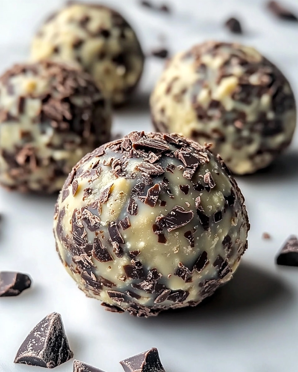 The image shows four round truffle balls placed on a white marble surface. Each truffle ball has a green base layer with a smooth texture, covered with a rough topping of small dark brown chocolate flakes and tiny tan nut pieces evenly spread around the surface. Around the truffles, there are scattered dark brown chocolate drops adding to the visual appeal. The focus is clear on the front truffle, with a soft blur on the ones in the back. Photo taken with an iphone --ar 4:5 --v 6.1