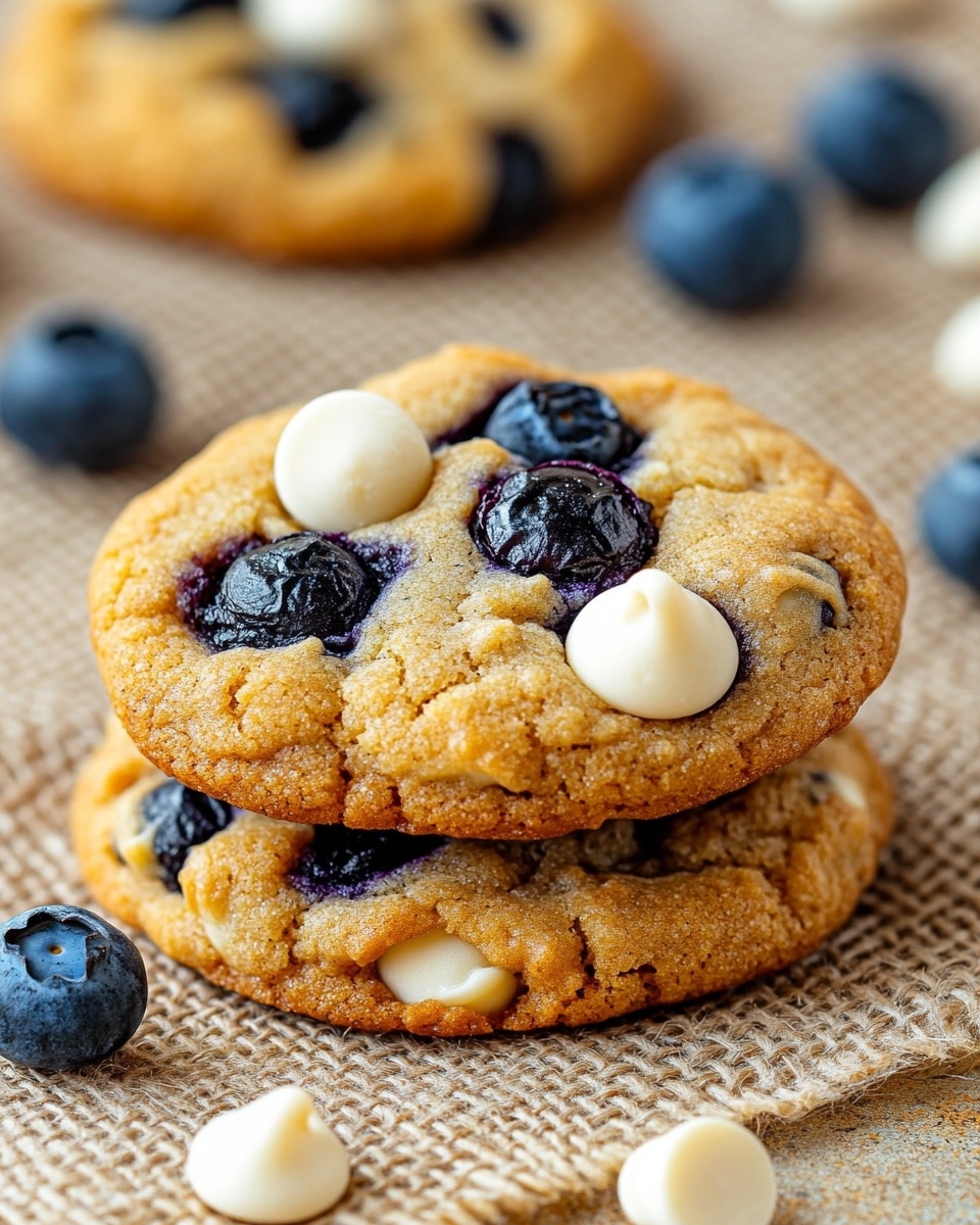 Two golden-brown cookies stacked on top of each other sit on a textured beige burlap surface. The cookies have a soft and slightly crumbly texture with large, deep blue blueberries embedded throughout and scattered white chocolate chips that are smooth and shiny. Around the cookies, a few fresh blueberries and white chocolate chips are placed casually. The background is softly blurred with warm tones, highlighting the details of the cookies in the foreground. photo taken with an iphone --ar 4:5 --v 6.1