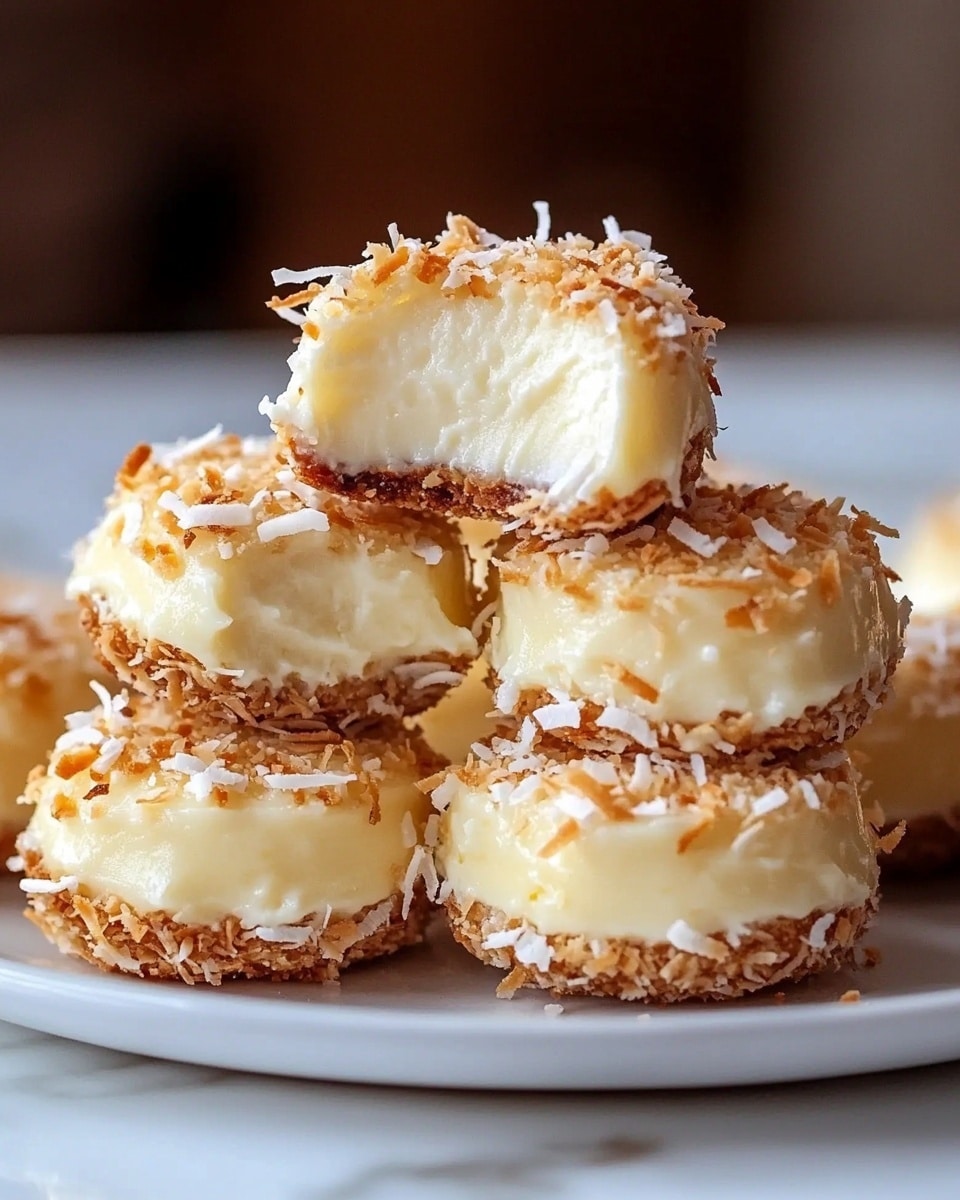 The image shows two small round cookies stacked on top of each other on a white marbled surface. Each cookie has a rough, golden-brown base layer with a crisp texture. On top of this base is a thick, creamy, pale yellow layer that looks smooth and soft. The creamy layer is covered with shredded white coconut flakes that add a fluffy texture and contrast. In the background, several more cookies are out of focus, showing the same layers and textures. The photo taken with an iphone --ar 4:5 --v 6.1