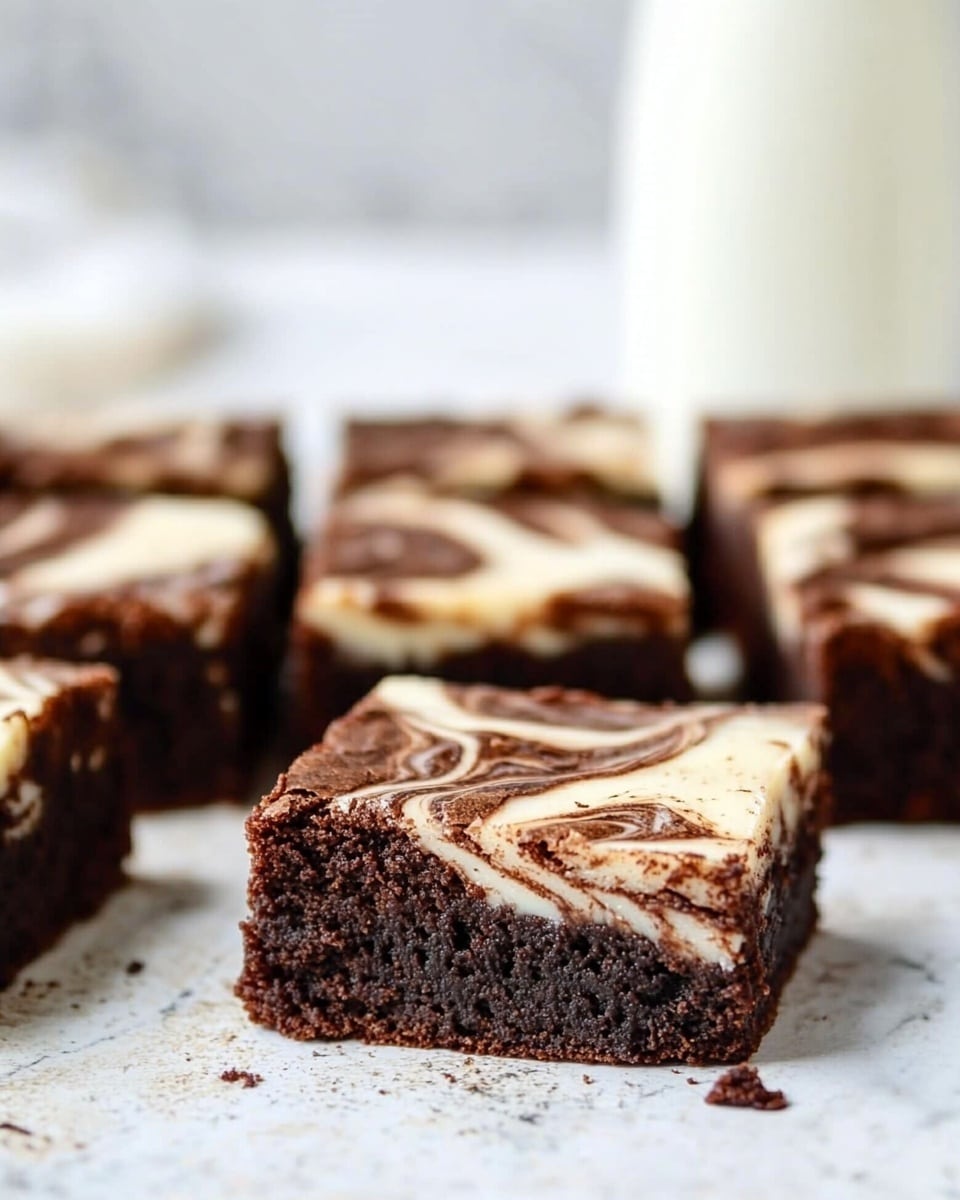 The image shows multiple square brownie pieces with a swirl pattern on top, placed on a light surface. Each brownie has a rich dark brown base layer with a creamy white swirl layer creating a marbled effect on top. The texture of the brownie looks soft and moist with a slight shine on the swirl layer. In the blurred background, there is a tall white bottle, likely containing milk. The scene is set on a white marbled texture, and the focus is on the edge brownie piece in the front center. photo taken with an iphone --ar 4:5 --v 6.1