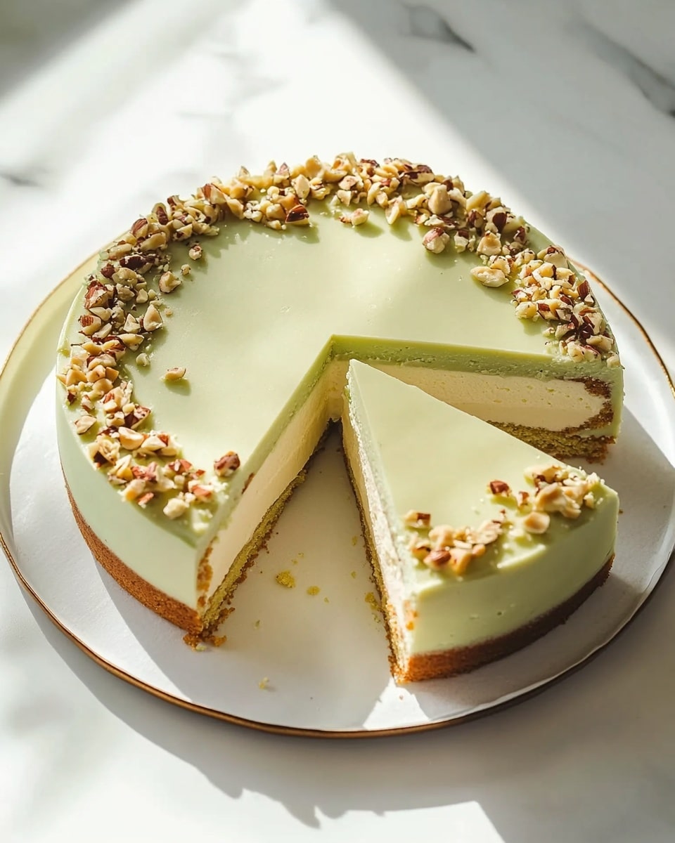 A round cake with three visible layers sits on a white plate on a white marbled surface. The bottom layer is thick and light brown with a crumbly texture. Above it is a creamy white middle layer that looks smooth and soft. The top layer is a thick, shiny, pale green with a smooth finish. The top edge of the cake is decorated with crushed green and brown nuts arranged in a ring. Two slices are cut out, showing the clean layers. Bright sunlight casts soft shadows around the cake. Photo taken with an iphone --ar 4:5 --v 6.1