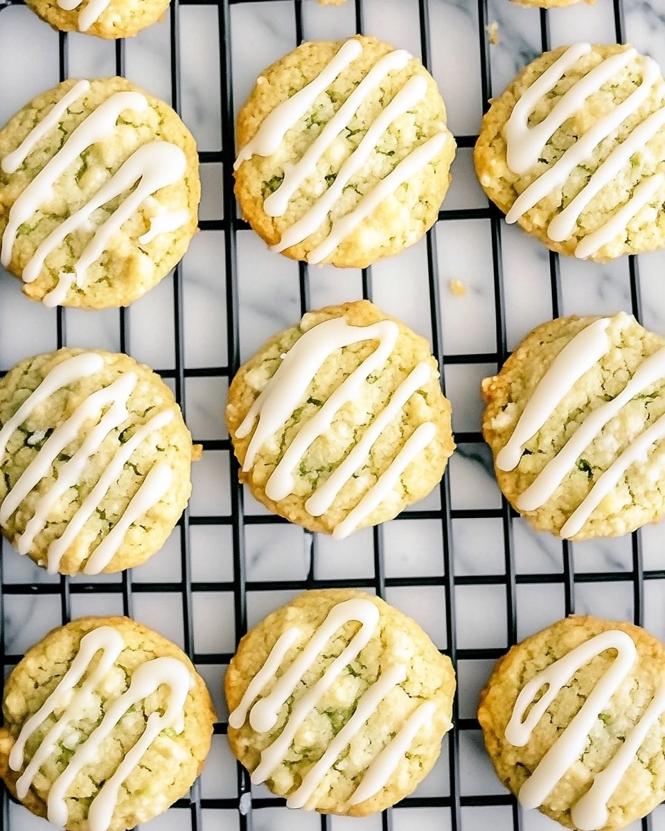 Several round cookies are placed on a black cooling rack over a white marbled surface. Each cookie has a light yellow color with small green bits scattered inside, showing a soft and slightly rough texture. On top of each cookie, there is a thin layer of white icing drizzled in irregular lines, adding a glossy shine. The cookies are closely arranged in rows, filling the frame evenly. Photo taken with an iphone --ar 4:5 --v 6.1