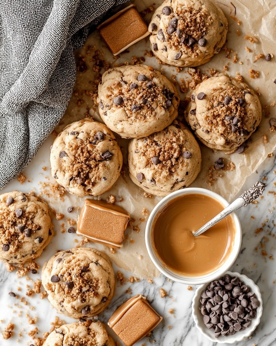 The image shows a group of soft cookies with chocolate chips and crumbs on top, scattered on a piece of parchment paper over a white marbled surface. There are several rectangular brown cookies placed around the soft cookies. A white round bowl filled with light brown caramel sauce sits in the bottom right corner with a silver spoon inside. In the top left corner, a gray textured cloth is partially visible, and in the top right corner, a white scalloped bowl holds a small pile of chocolate chips. The light highlights the textures of the cookies and sauce, making the scene look warm and inviting. Photo taken with an iphone --ar 4:5 --v 7