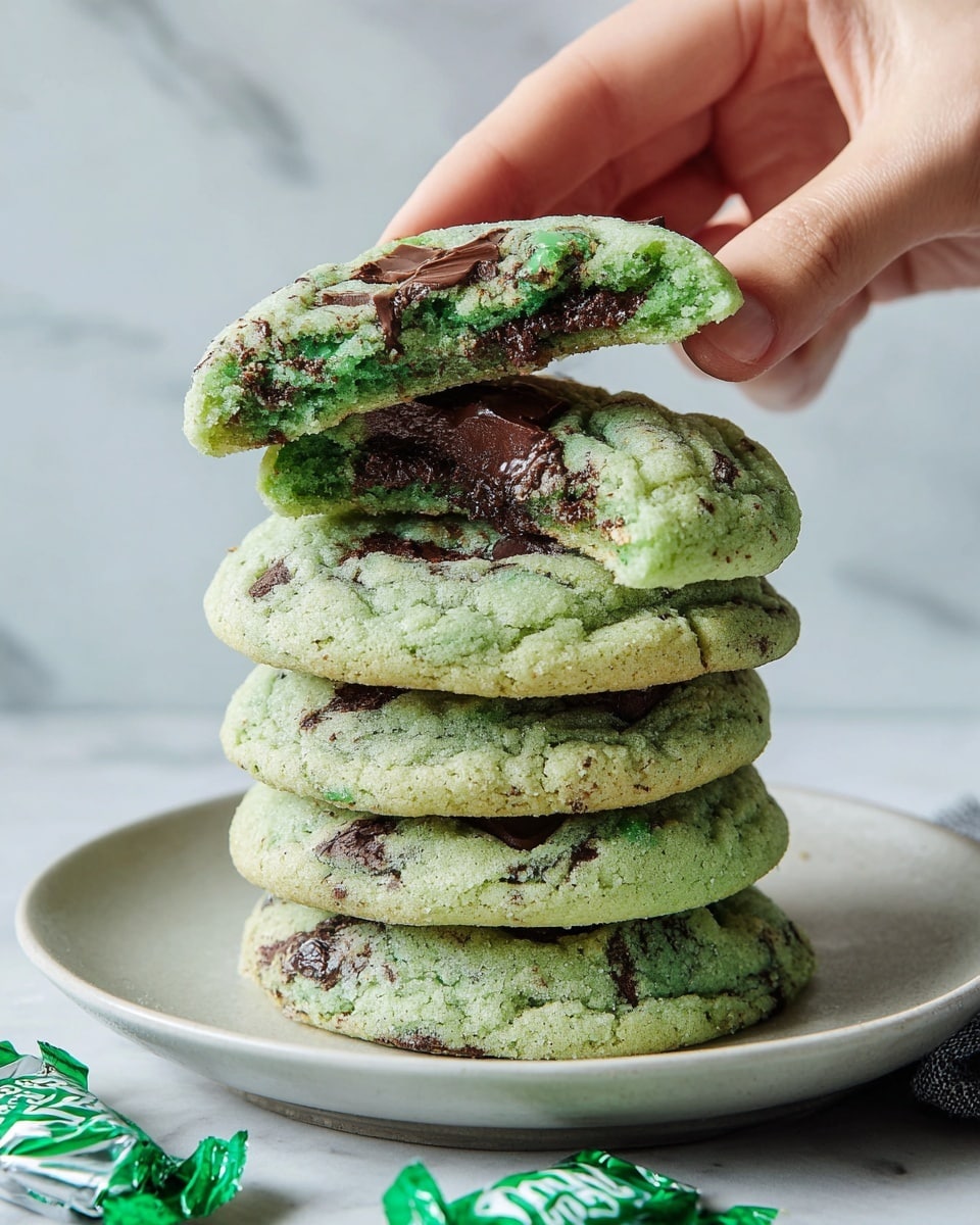 A stack of five thick, soft-looking light green cookies with dark brown chocolate chunks and swirls sit on a white plate on a white marbled surface. A woman's hand is gently holding the top cookie, lifting it slightly off the stack. The cookies have a textured, slightly crinkled surface with visible chocolate pieces embedded throughout. At the bottom right, some opened green and white candy wrappers lay casually near the plate. Photo taken with an iphone --ar 4:5 --v 7
