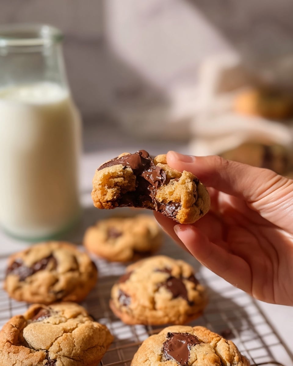 A close-up view of two chocolate chip cookies resting on a wire cooling rack over a white marbled surface, one cookie is whole with a golden brown color and visible dark brown chocolate chips, while the other cookie is slightly broken showing melted chocolate inside with a soft, chewy texture. The cookies have a slightly uneven surface with crispy edges and a warm, inviting look. The bright sunlight casts clear shadows of the wire rack and highlights the textures of the cookies. photo taken with an iphone --ar 4:5 --v 7