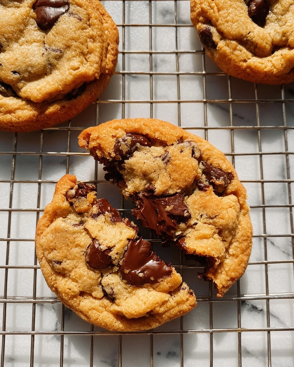 A close-up of a cookie with a bite taken out, held by a woman's hand between thumb and fingers, showing a soft, golden-brown texture with melted dark chocolate chunks inside and on top. Below, on a white wire rack, there are more round cookies with cracked surfaces and visible chocolate pieces. In the blurred background, a clear glass bottle filled with milk sits on a white marbled surface, with soft natural light creating warm highlights and shadows. photo taken with an iphone --ar 4:5 --v 7