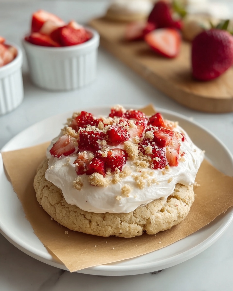 A woman's hand holds a round cookie as the main focus, which has three layers: a light brown cookie base with a soft texture, a thick layer of white cream spread evenly on top, and a topping of red strawberry pieces mixed with bright red jam and light brown crumbles scattered over the jam. In the background, there is a wooden board with more of these cookies, a clear small glass jar with bright red jam inside, and a light brown wooden bowl filled with whole ripe strawberries, all placed on a white marbled surface. photo taken with an iphone --ar 4:5 --v 7