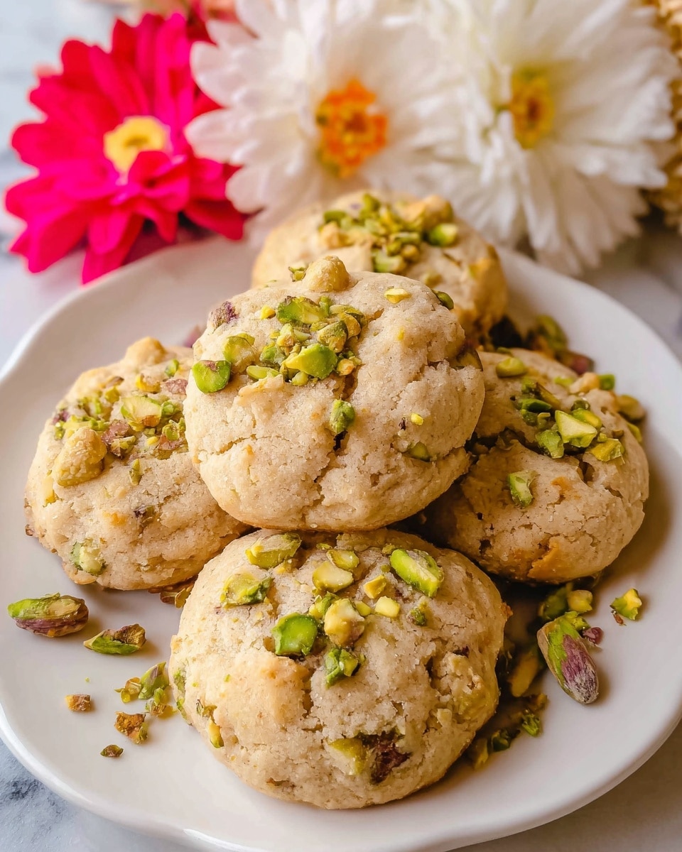 The image shows a white plate filled with five round cookies that have a light brown, soft texture with small chunks and cracks. Each cookie is topped with small green pieces of pistachio, adding a rough texture and a pop of green color. The cookies are slightly raised and look thick and soft. Around the plate, there are some large white, red, and pink flowers with yellow centers, offering a colorful and natural background. The plate sits on a white marbled surface. photo taken with an iphone --ar 4:5 --v 7