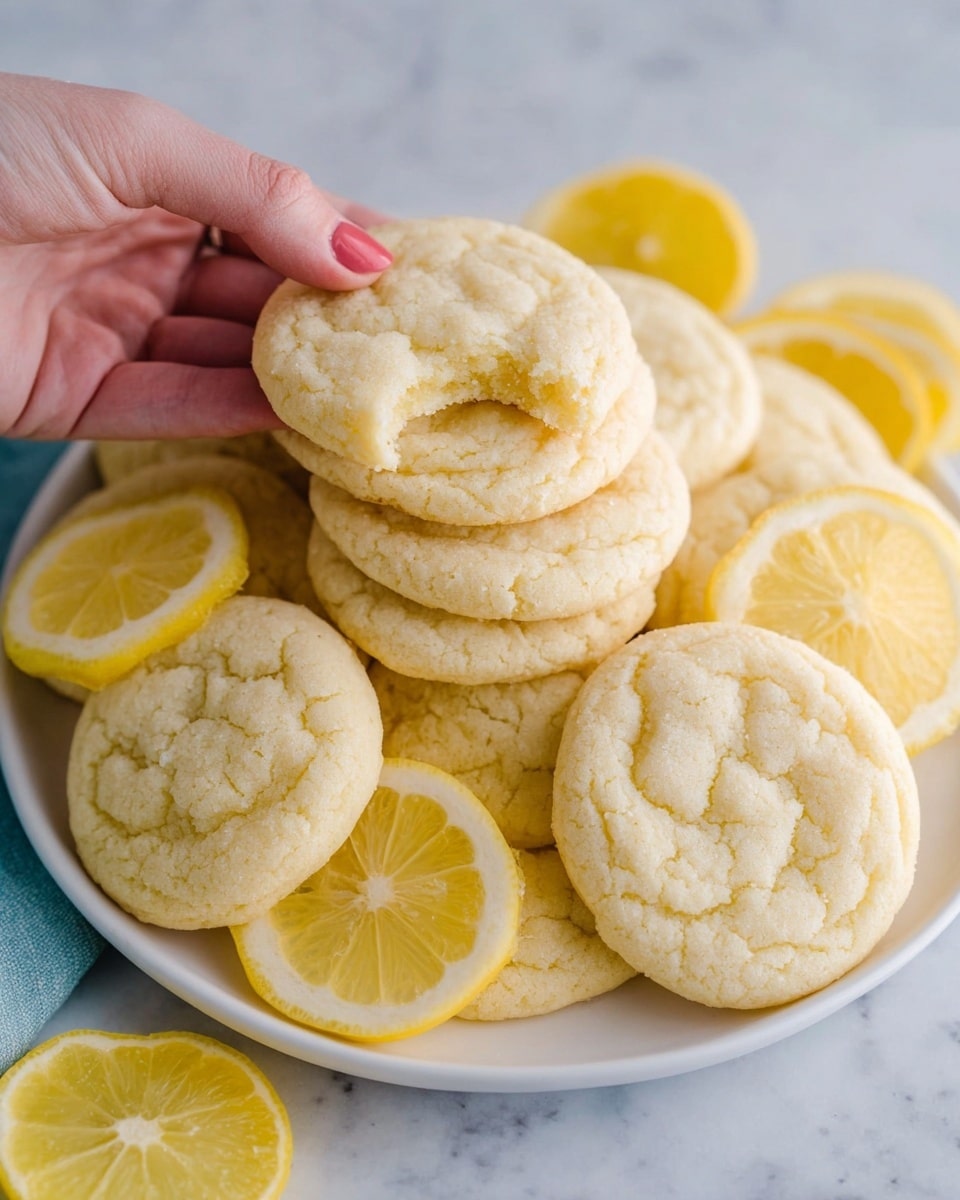 A white plate is full of round, soft lemon cookies with pale yellow colors and a slightly cracked texture on top. The cookies are stacked in layers, some overlapping each other in light beige shades. There are bright yellow lemon slices and wedges placed on and around the cookies, adding a fresh look. One cookie near the top has a bite taken out, showing a soft inside. A woman's hand is gently holding a cookie on the side of the plate. The plate sits on a white marbled surface. photo taken with an iphone --ar 4:5 --v 7
