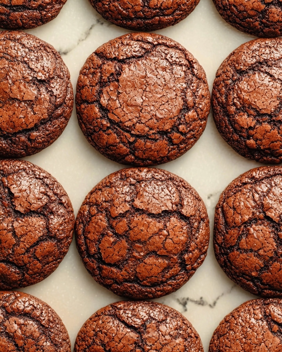 The image shows two large round chocolate cookies with a cracked, shiny surface, placed side by side on a sheet of light brown parchment paper on a textured metallic tray. The cookies have a rich dark brown color and a slightly rough texture with uneven cracks all over the top, showing a soft inside beneath a thin crispy outer layer. The tray is decorated with a wave-like pattern around the edges, resting on a white marbled surface. photo taken with an iphone --ar 4:5 --v 7