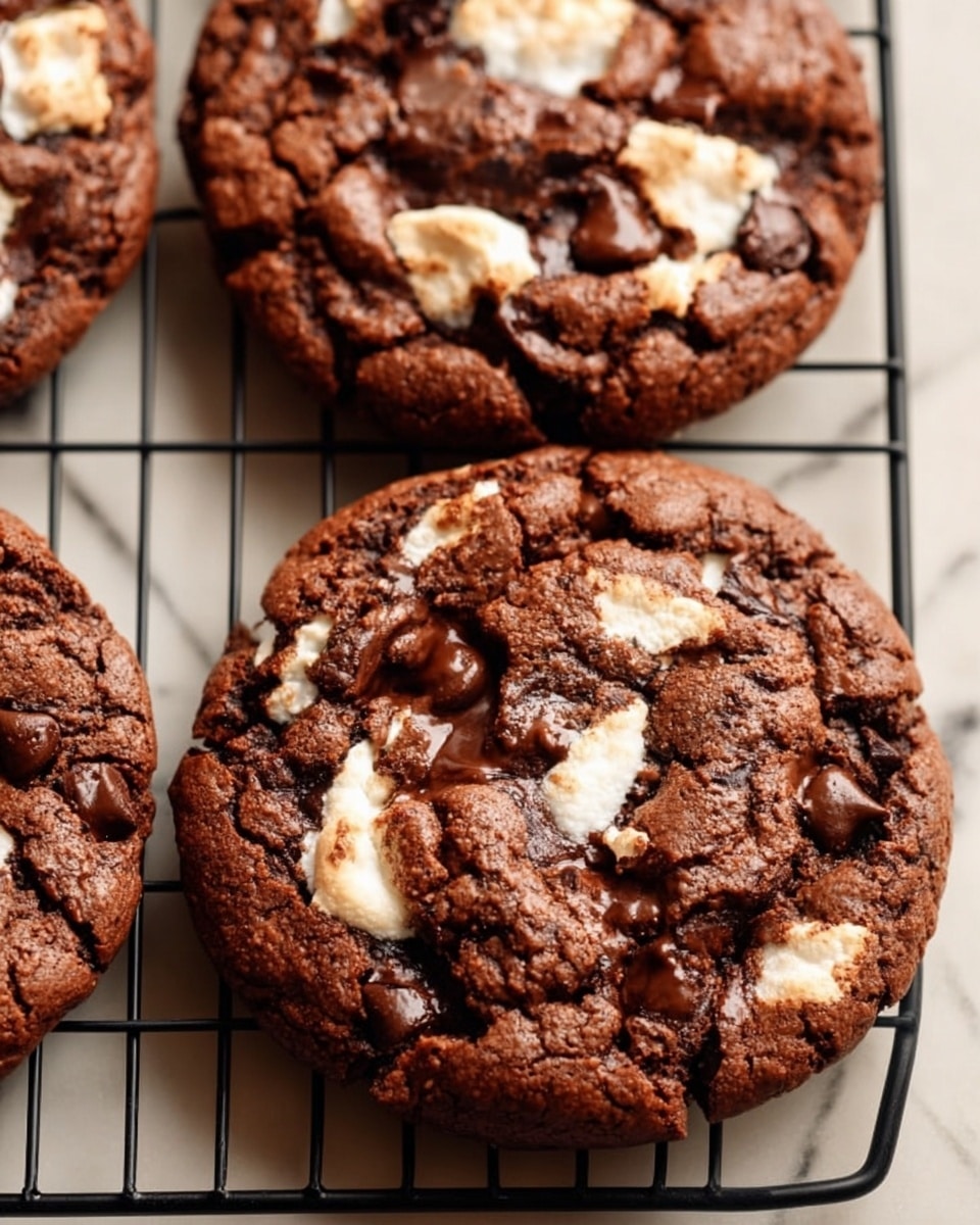 Six round dark brown chocolate cookies with white marshmallow patches and dark chocolate chips on top are placed on a black cooling rack over a light brown baking paper. To the left, a clear glass bowl with dark chocolate chips is on a white marbled surface, with a few chocolate chips spilled beside it. The cookies have a rough, cracked texture showing melted chocolate and soft marshmallow inside. The scene is bright and clear with soft shadows. Photo taken with an iphone --ar 4:5 --v 7