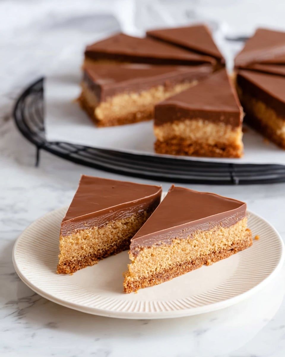 The image shows two thick triangular slices of a bar dessert on a white round plate with a grooved design. Each slice has two layers: a bottom layer of a golden brown, crumbly, and textured cake base and a smooth, shiny, light brown chocolate layer on top. Behind the plate, more slices are arranged in a round shape on parchment paper on a black cooling rack, all showing the same two layers. The background is a white marbled surface. Photo taken with an iphone --ar 4:5 --v 7