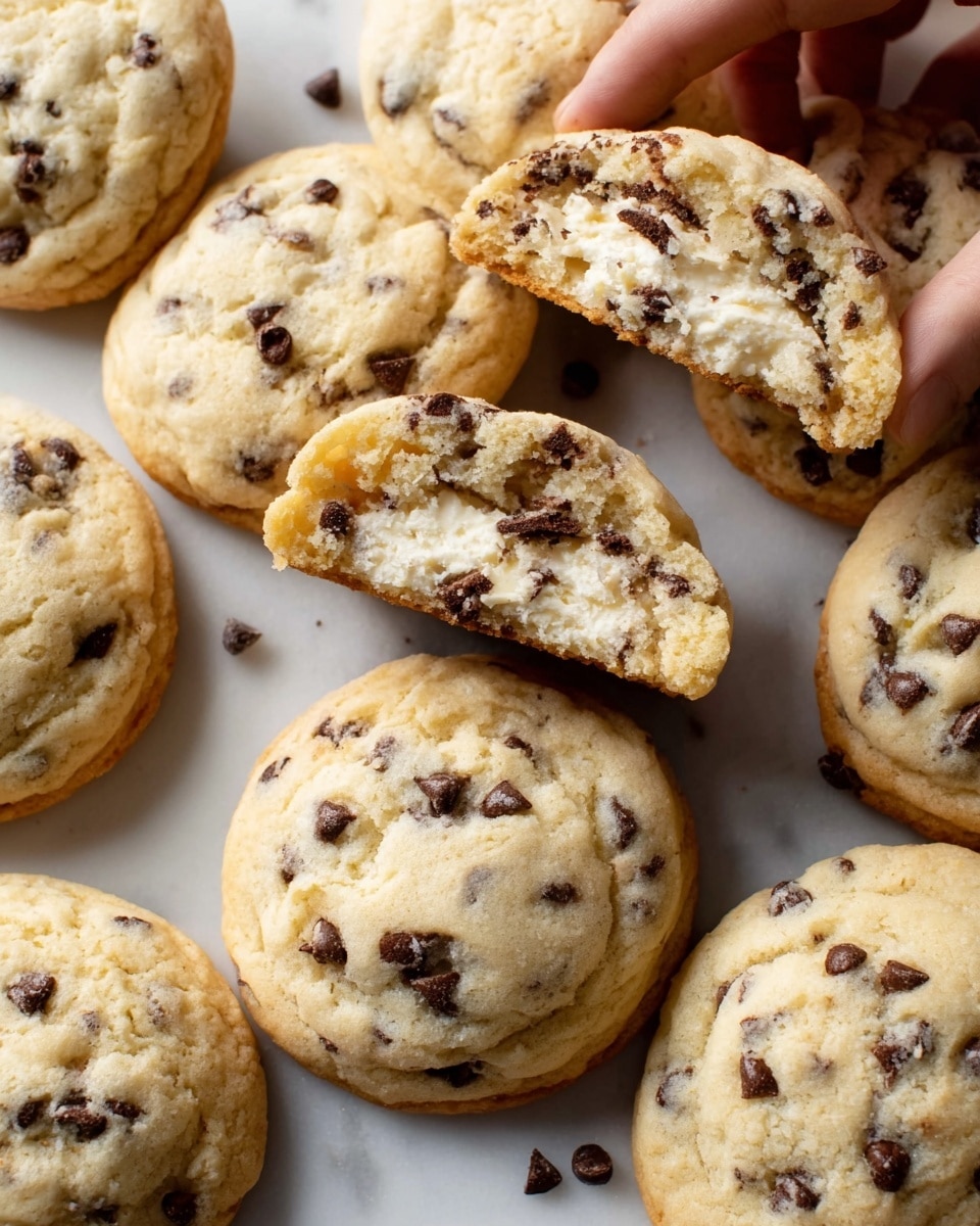 The image shows a group of round cookies with a light golden top layer, speckled with semi-dark chocolate chips that create small uneven spots all over. One cookie is broken in half, revealing a soft, light beige inside with a chewy texture and more scattered chocolate chips within. The cookies are placed closely together on a white marbled surface, and a woman's hand is reaching from the top left corner, holding one of the cookies. The overall color is warm and inviting, with the smooth top of the cookies contrasting the crumbly, softer inside. Photo taken with an iphone --ar 4:5 --v 7