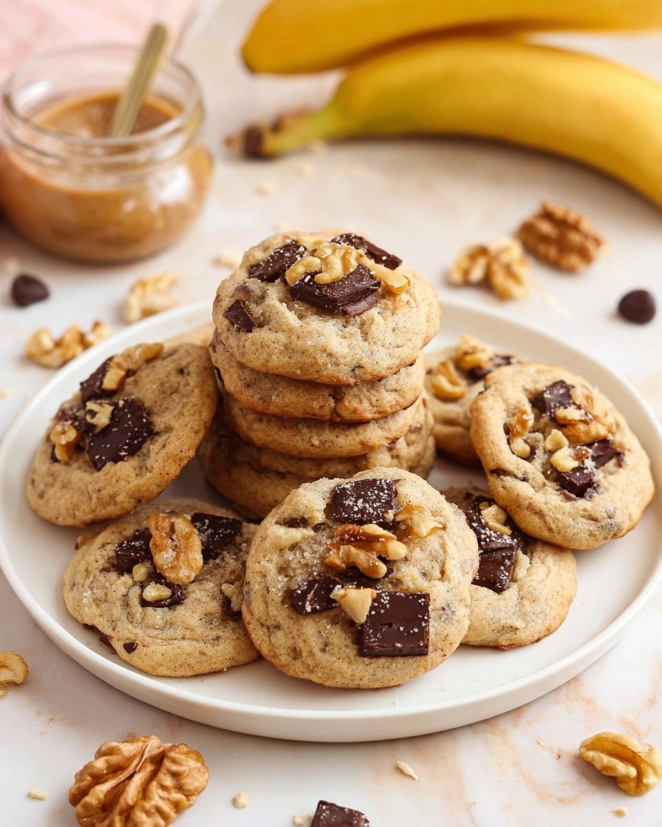 A white plate holds a stack of round cookies, each cookie light brown with visible chunks of dark chocolate and pieces of walnut embedded on top. The cookies have a soft texture with chocolate bits scattered unevenly across, and a few walnuts visible on the surface. The plate is placed on a white marbled texture. Around the plate, there are some whole walnuts, a ripe banana, a small jar of brown sugar with a lid, and more cookies scattered. The scene looks bright and homey. Photo taken with an iphone --ar 4:5 --v 7