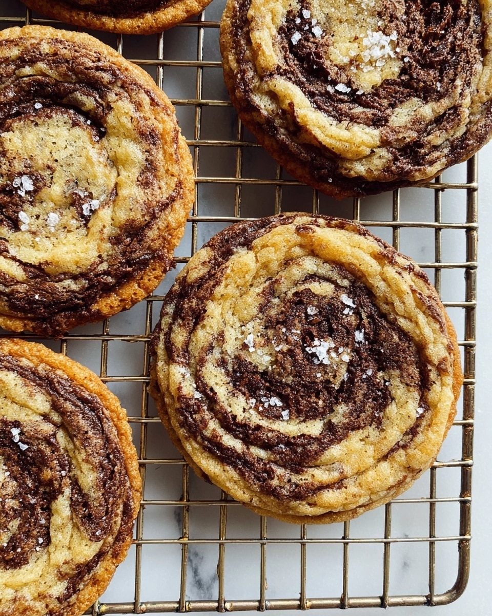 Two round cookies with a golden brown color and slightly darker swirls in the center rest on crinkled white baking paper over a metal cooling rack. The cookies have a textured, ridged surface with visible chocolate chunks. The background shows a white marbled surface with a small part of a white cup with blue patterns visible in the top right corner. photo taken with an iphone --ar 4:5 --v 7