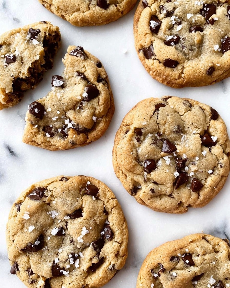 Several round chocolate chip cookies are placed on a white marbled surface, each cookie showing a golden-brown color with dark chocolate chips embedded throughout. The cookies have a soft, slightly cracked texture with visible chunks of chocolate. One cookie is broken into two large pieces, revealing its soft inside and more chocolate chips. Small white salt flakes are sprinkled on top of all the cookies, adding contrast and texture. The cookies are spaced out naturally on the surface, with the overall look fresh and inviting. photo taken with an iphone --ar 4:5 --v 7
