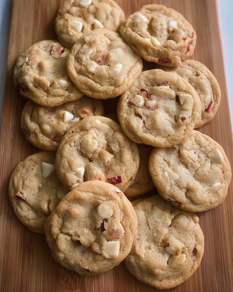 A group of about fifteen round cookies laid out closely on a wooden board. The cookies are light golden brown with visible small white chocolate chips and bits of red fruit scattered throughout. Each cookie shows slight cracks and a soft, slightly uneven texture on top. The cookies are arranged in a casual cluster, overlapping slightly in places. photo taken with an iphone --ar 4:5 --v 7