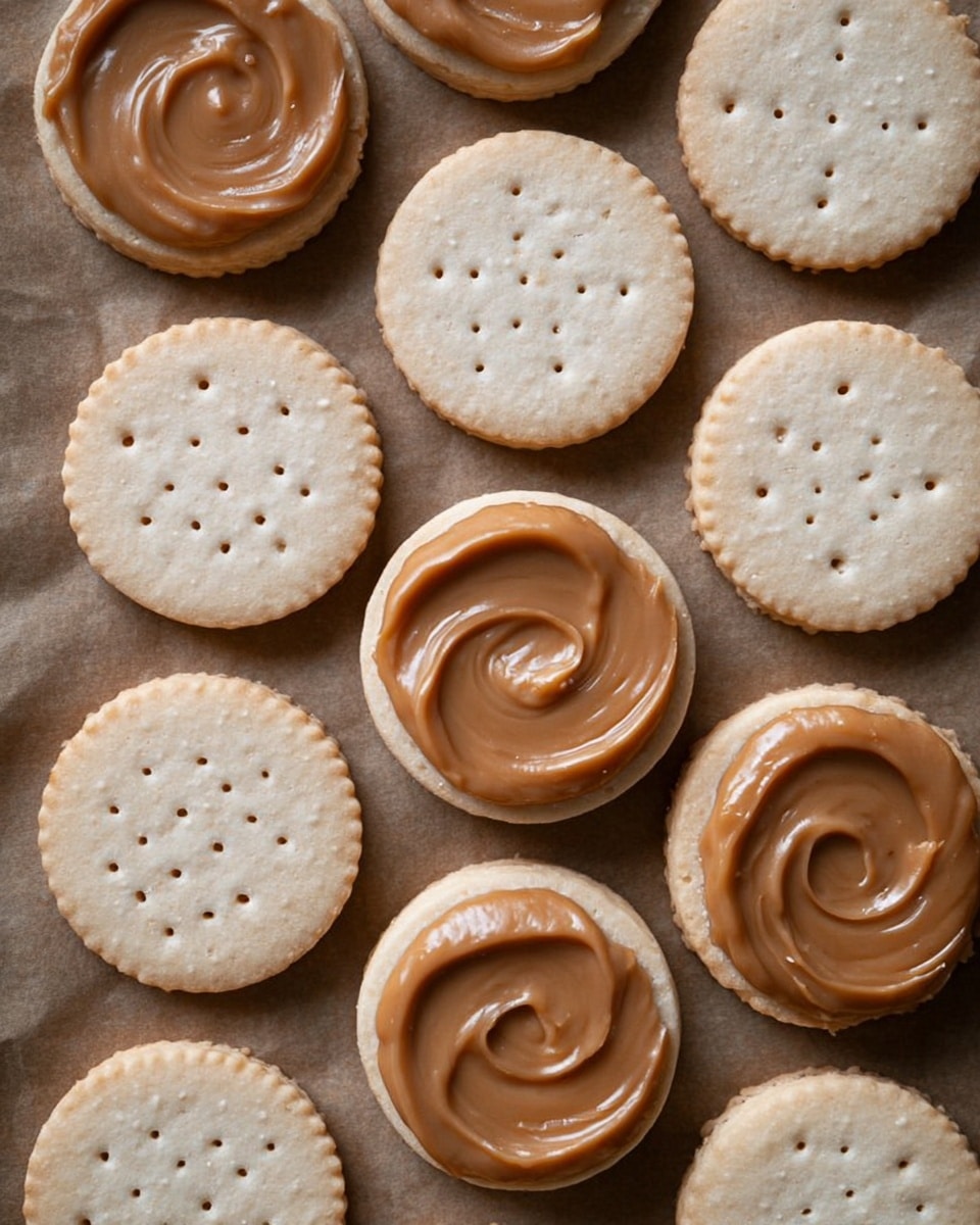 The image shows a grid of round sandwich cookies arranged on brown parchment. Each cookie has two layers of pale, smooth dough with a scalloped edge; some are plain with small holes in the center, while others are topped with a thick swirl of glossy, caramel-colored dulce de leche filling. The cookies alternate between plain dough circles and those spread with the creamy, shiny filling on one layer, ready to be paired. The soft textures and neutral tones create a comforting look. photo taken with an iphone --ar 4:5 --v 7