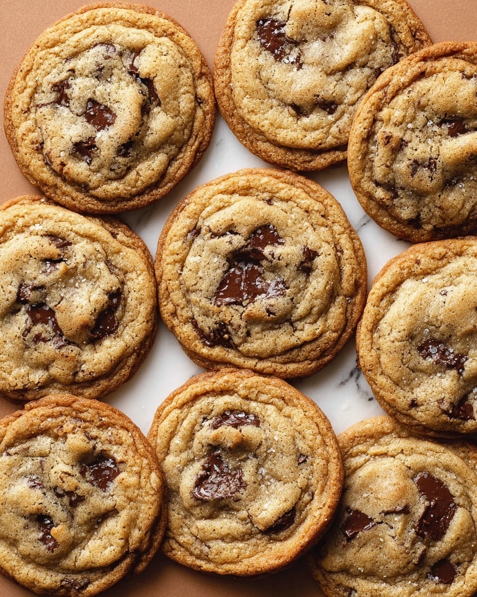 A close-up view of eight round chocolate chip cookies arranged closely on a flat surface with a warm brown color. Each cookie is golden brown with darker edges, showing a slightly shiny and textured top layer with visible melted chocolate chunks inside. The cookies have a slight wrinkled look indicating softness, and they overlap each other in an uneven pattern on the surface. The background is a white marbled texture. Photo taken with an iphone --ar 4:5 --v 7