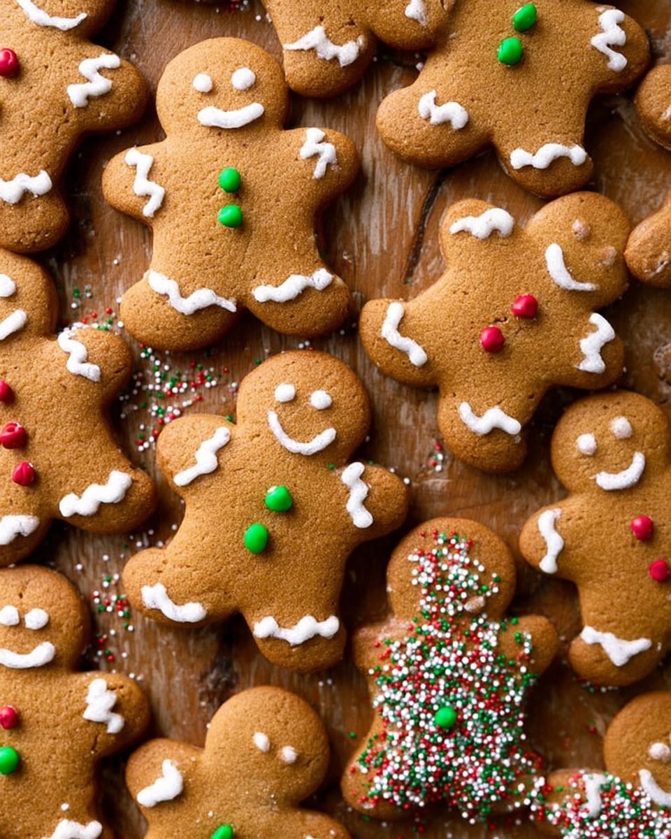 A close-up of a brown gingerbread cookie shaped like a person is held by two small hands. The cookie has white icing details creating two eyes, a smile, squiggly lines on the arms and legs, and three colorful round candies—blue, red, and yellow—lined down the center. In the background, several more gingerbread cookies with similar white icing and colorful candy buttons lay scattered on a white marbled surface. The photo taken with an iphone --ar 4:5 --v 7