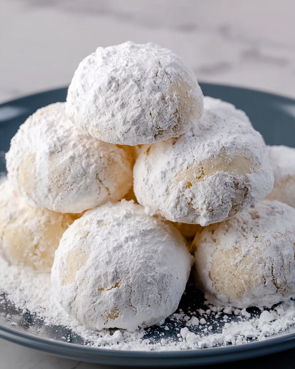 A stack of round cookies covered in a thick layer of white powdered sugar sits on a shiny white plate, with the cookies looking soft and slightly cracked on the surface. The cookies have a pale, lightly golden color peeking through the sugar coating, and the powdered sugar appears unevenly spread, giving a slightly rough texture. They are placed closely together, forming a small pile with some sugar dust scattered on the white marbled surface beneath the plate. photo taken with an iphone --ar 4:5 --v 7