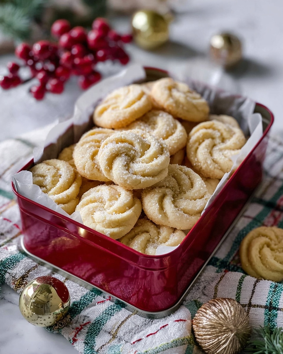 A red tin box lined with white parchment paper is filled with about two layers of round, light golden cookies with a swirled pattern on top, showing a slightly crumbly texture with sugar crystals visible on the surface. The tin is placed on a white and green checked cloth over a white marbled surface, with Christmas decorations including a gold ball ornament and red berries surrounding it softly blurred in the background. Photo taken with an iphone --ar 4:5 --v 7