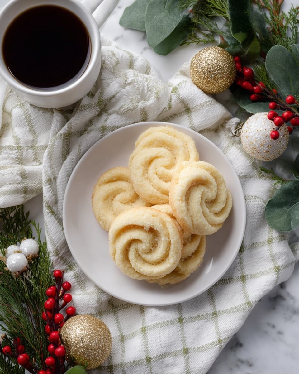 A white round plate holds five light golden swirl-shaped cookies stacked in the center, with one cookie showing a small bite taken out. The plate rests on a soft white cloth with green checkered lines. Around the plate, festive round ornaments in gold and white, along with red berries and green leafy sprigs, are scattered. To the left, a white cup filled with dark coffee is partially visible. The whole scene is set on a white marbled surface. photo taken with an iphone --ar 4:5 --v 7