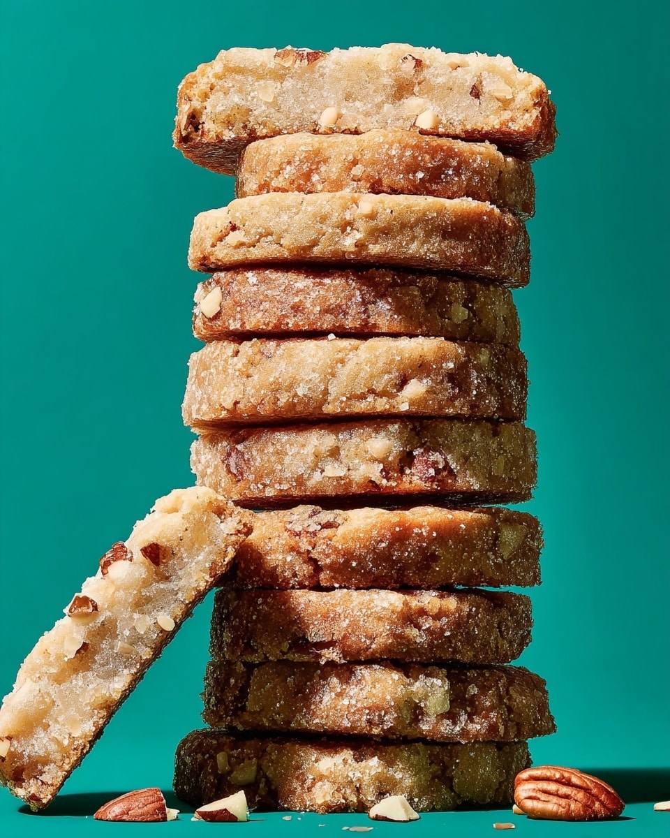 A tall stack of eight thick, round cookie slices with a golden-brown color and a rough surface covered with large sugar crystals. The cookies have small bits of nuts inside, with a few nut pieces scattered around the base. One cookie slice leans against the stack on the left side. The background is a solid teal color. photo taken with an iphone --ar 4:5 --v 7