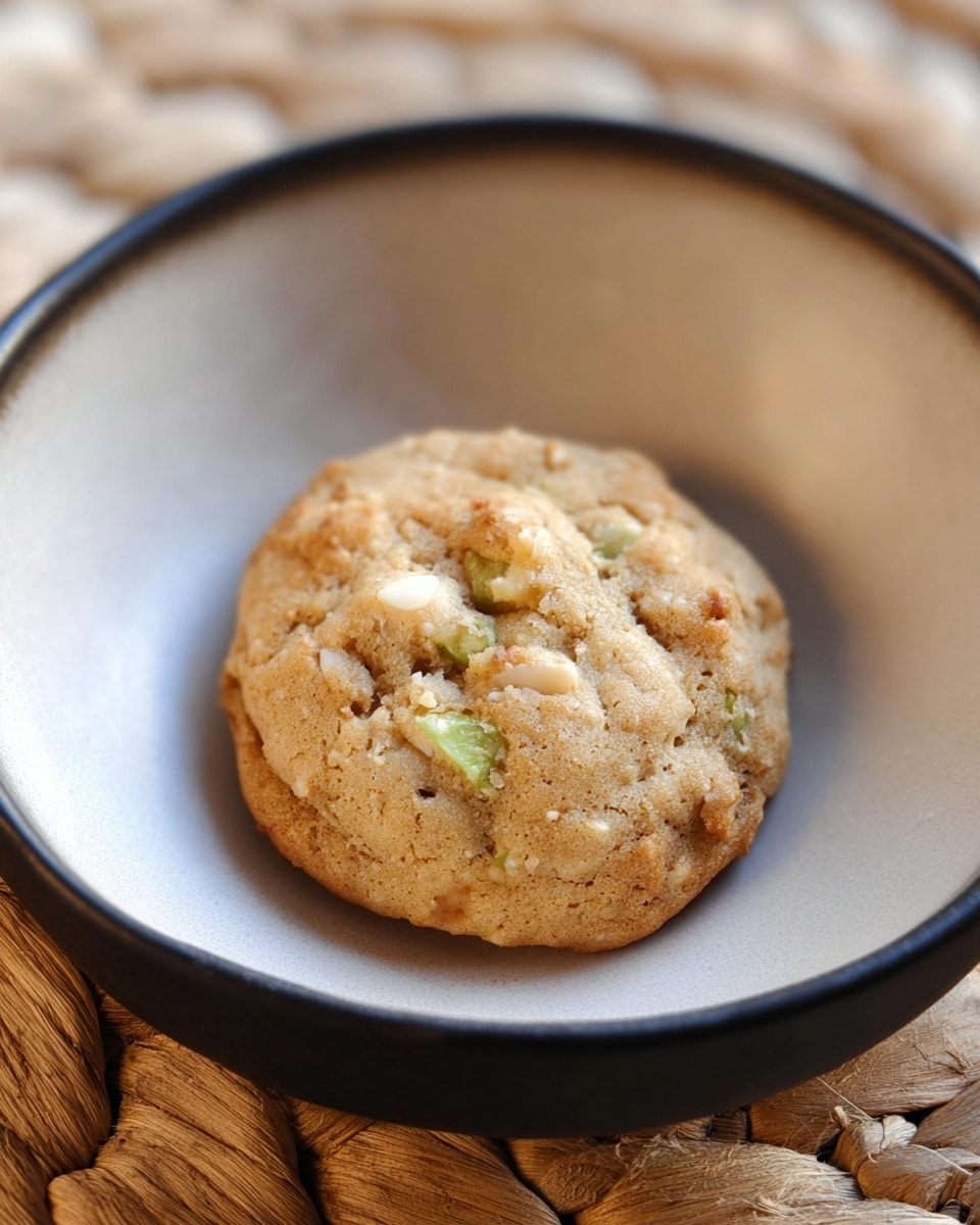 A single round cookie with a light golden brown color sits in the center of a white bowl. The cookie has a slightly bumpy texture with visible chunks of light green and white pieces spread throughout, giving it a homemade, rustic look. The bowl contrasts with its smooth and matte white surface, and it rests on a woven, natural material that is visible around the edges. The background is softly blurred, focusing attention on the cookie. photo taken with an iphone --ar 4:5 --v 7