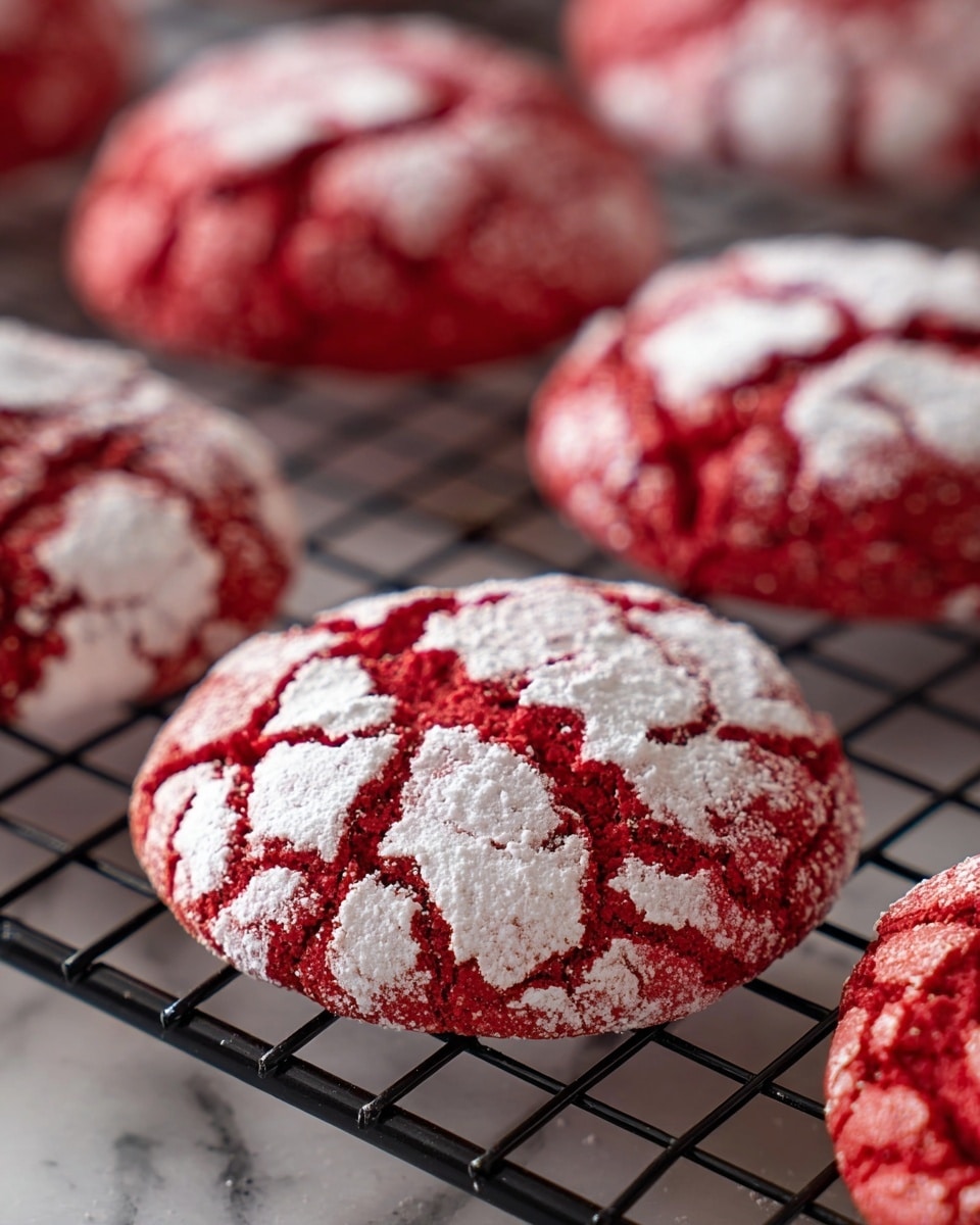 The image shows several round red cookies with a cracked surface covered unevenly with white powdered sugar, sitting on a black metal cooling rack. Each cookie has one visible layer with a bright red color that contrasts with the white powder, giving a textured cracked look. The cooling rack rests on a white marbled surface, making the red and white colors stand out more clearly. The focus is on the closest cookie in the center, showing the detailed cracks and fluffy texture of the sugar dusting, while the other cookies blur softly in the background. photo taken with an iphone --ar 4:5 --v 7