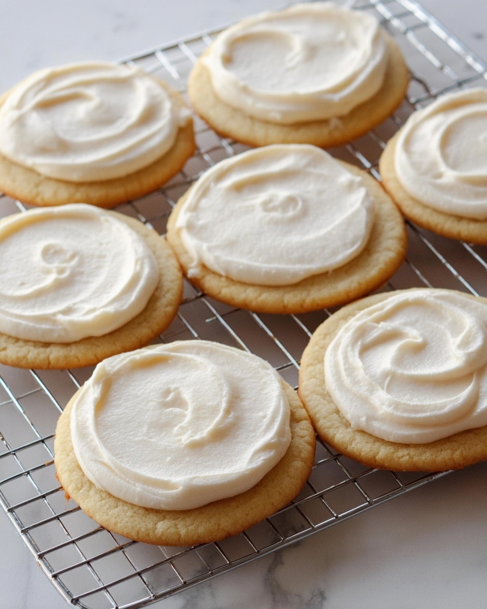 The image shows a group of round sugar cookies placed on a metal cooling rack over a white marbled surface. Each cookie has a single layer of smooth, creamy white frosting spread evenly on top, with soft swirls adding texture to the frosting. The cookies themselves are light golden brown with a soft, slightly thick texture and slightly raised edges. The cookies are arranged closely together, some touching or overlapping slightly. Photo taken with an iphone --ar 4:5 --v 7