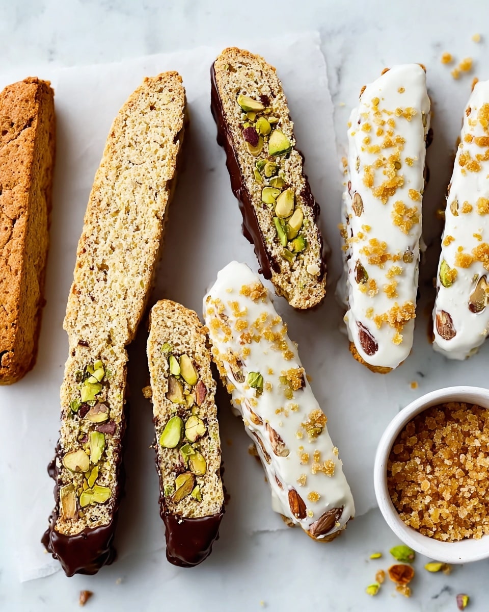 The image shows several long, thin biscotti slices arranged on a metal baking tray. Each biscotti slice has a clustered texture, filled with visible pieces of nuts and green pumpkin seeds embedded throughout, making the colors a mix of light brown, beige, and green. The tray sits on a white marbled textured surface. A woman's hand is gently holding one biscotti slice on the side. The overall look is crunchy and nutty, with the slices evenly spaced on the tray photo taken with an iphone --ar 4:5 --v 7