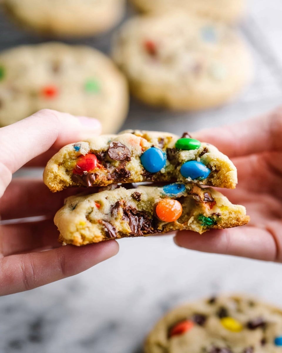 A close-up of a thick cookie being pulled apart by a woman's hands, showing a soft, chewy inside filled with melted chocolate and colorful candy-coated chocolates in red, blue, green, orange, and yellow. The cookie surface is golden brown with visible chocolate chunks and candy pieces embedded throughout. In the blurred background, there are more cookies resting on a white marbled surface. Photo taken with an iphone --ar 4:5 --v 7