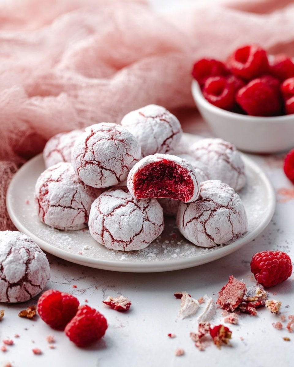 This image shows a white plate filled with round red cookies covered in powdered sugar, creating cracks on the surface revealing the red cookie underneath. One cookie on the plate is broken open, showing a soft red inside. Around the plate, more cookies are placed on a soft pink fabric. Red cookie crumbs and small pieces of dried raspberries are scattered near the cookies and on the white marbled surface. In the background, a small white bowl holds fresh red raspberries. Photo taken with an iphone --ar 4:5 --v 7