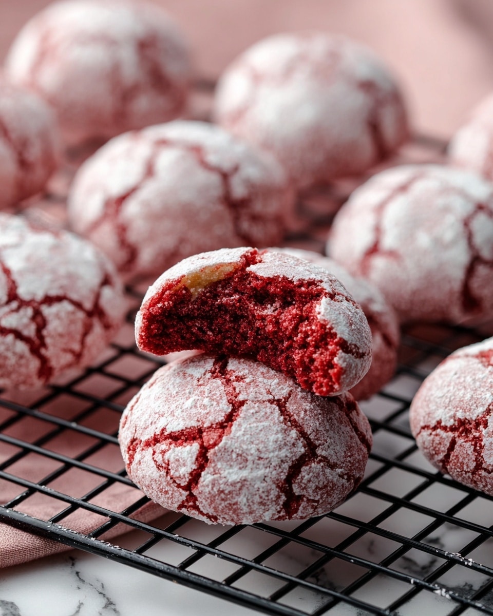 Round red cookies with a cracked surface covered in white powdered sugar are placed on a black cooling rack. One cookie at the center is broken open, showing a soft, crumbly red inside with a slightly golden base. The cookies sit on a soft pink cloth under the rack, and the whole scene is set against a white marbled texture. Photo taken with an iphone --ar 4:5 --v 7