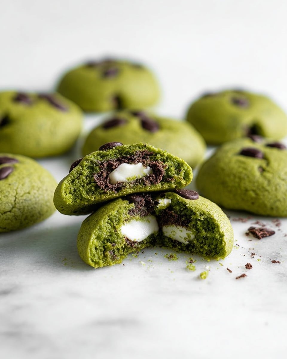 A group of green cookies with dark chocolate pieces on top is arranged on a white marbled surface. One cookie is broken in half and placed in the center, showing a smooth white filling inside. The cookies have a soft texture and are round, with slight bumps from the chocolate pieces. The background is clean and white, making the green cookies stand out. photo taken with an iphone --ar 4:5 --v 7