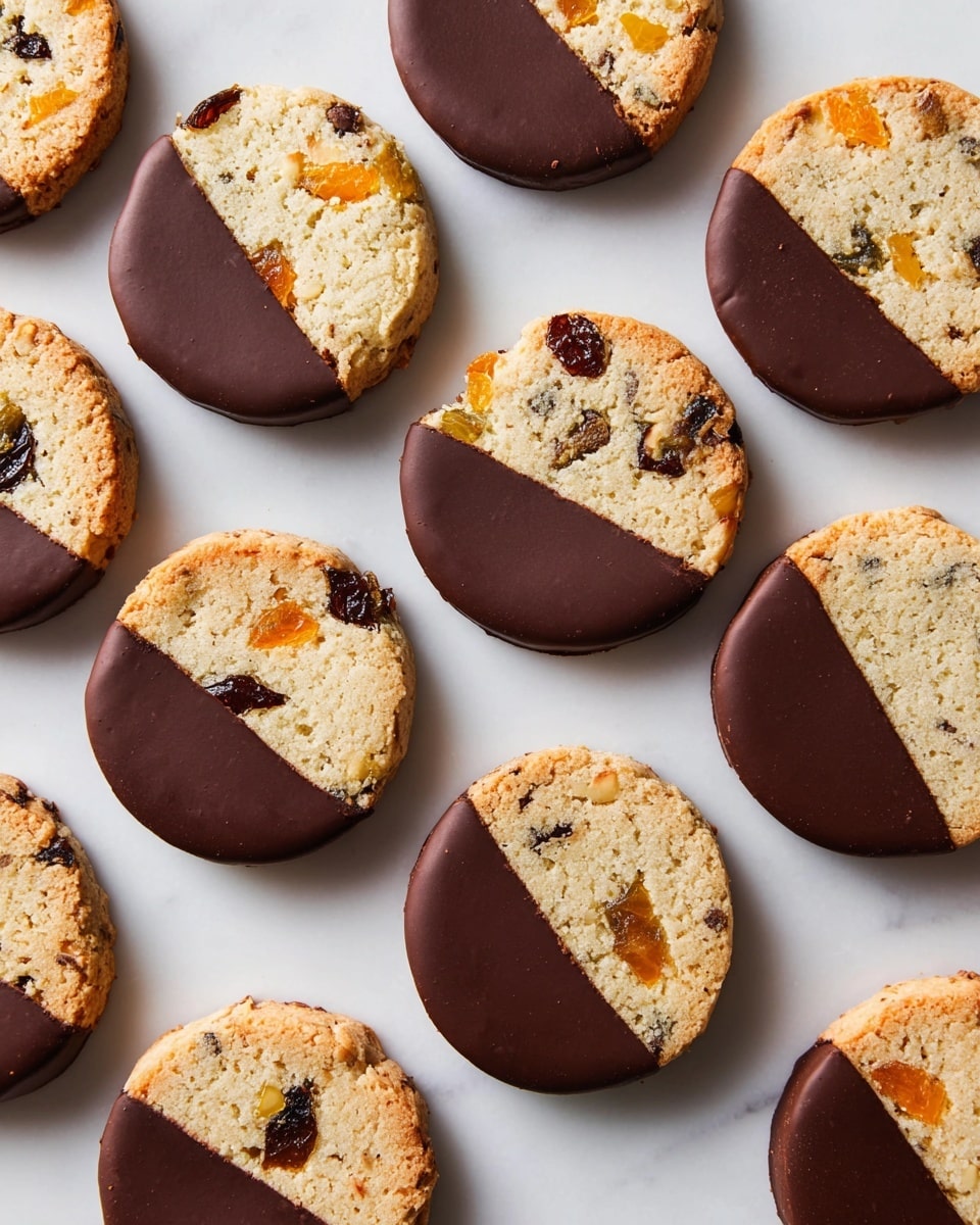 Several round cookies are laid out evenly on a white marbled surface. Each cookie is half dipped in smooth dark brown chocolate, covering exactly one side from top to bottom. The exposed part of the cookie shows a light beige color with visible small chunks of dark dried fruit and orange pieces scattered throughout. The chocolate side appears glossy and thick, slightly covering the edges. The surface texture of the plain cookie side is slightly crumbly with bits of nuts or dried fruit embedded. photo taken with an iphone --ar 4:5 --v 7