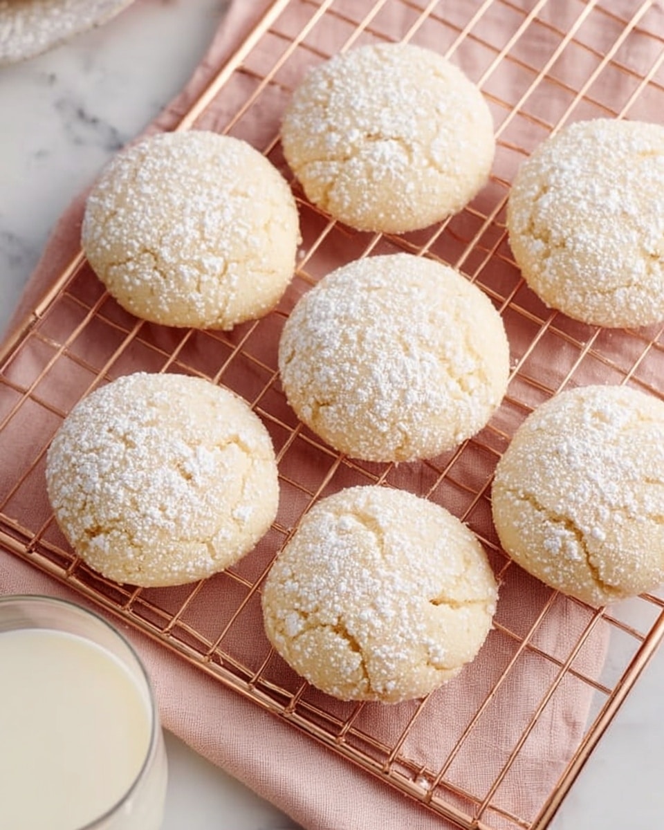Seven round cookies with a light golden color and a soft texture are placed on a copper wire cooling rack; each cookie is dusted with a light layer of powdered sugar creating a delicate white powder look. The rack sits on a soft pink cloth, and a glass of milk with a creamy white color is partially visible at the lower left corner. The background is a white marbled surface. photo taken with an iphone --ar 4:5 --v 7