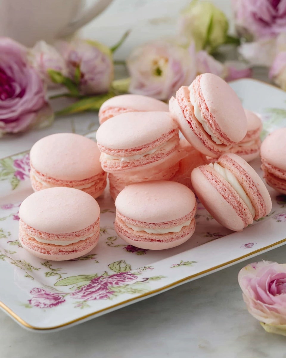 A group of light pink macarons are arranged in a cluster on a white rectangular plate with floral patterns and a gold edge. Each macaron has two smooth, round shells with a soft pink filling visible between them, showing a slightly textured, airy surface. The macarons are stacked in layers, some leaning on others, creating a casual but neat pile. Around the plate, there are soft pink and white flowers that add a gentle and delicate touch to the scene, all placed on a white marbled surface photo taken with an iphone --ar 4:5 --v 7