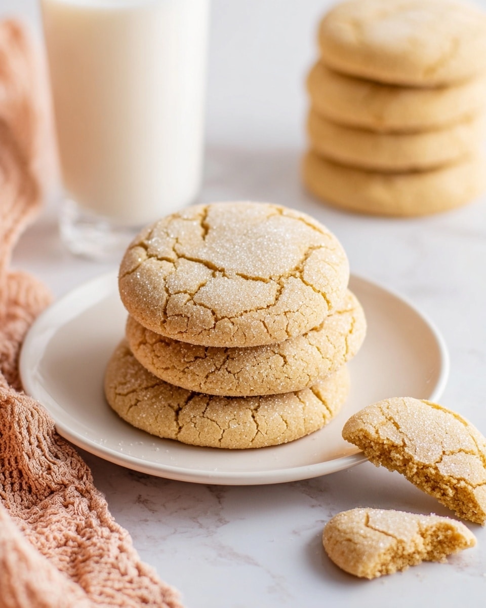 Three round light brown cookies with cracked surfaces sit stacked slightly overlapping on a white plate in the center of the image. Another stack of similar cookies is blurred in the background top right, while two broken cookie pieces lie in the foreground on a white marbled surface. A clear glass of milk is placed behind the central plate, and a soft textured peach-colored cloth is draped in the left corner. The light is soft, highlighting the sugar-dusted texture on the cookies. Photo taken with an iphone --ar 4:5 --v 7