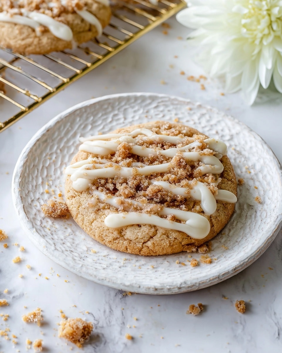 The image shows a golden brown cookie with a crumbly texture on a white plate that has a rough, patterned edge. On top of the cookie is a sprinkling of crumbly brown streusel and smooth white icing drizzled over in irregular stripes, with some icing pooled in spots. The cookie sits on a white marbled surface with scattered crumbs nearby. In the background, there is part of another cookie on a gold cooling rack and a single white flower with soft petals. Photo taken with an iphone --ar 4:5 --v 7