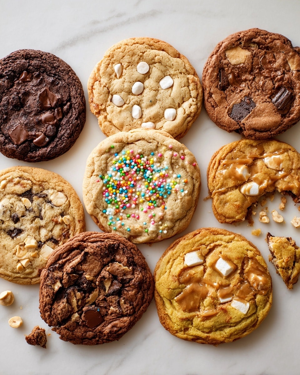 The image shows a variety of seven large cookies spread on a white marbled surface. From left to right, the cookies include a dark chocolate cookie with chunks of melted chocolate, a light brown cookie with white nuts on top, a beige cookie with colorful round sprinkles and white nuts, a golden brown cookie with untidy large dark chocolate chunks, a darker brown cookie with scattered hazelnuts, a light brown cookie with melted marshmallows and chocolate pieces, and a broken cookie at the top right with caramel glazing and crumbled pieces around it. The textures range from smooth and cracked to chewy and soft, with rich colors from deep brown to golden yellow, highlighting the distinct ingredients in each cookie. Photo taken with an iphone --ar 4:5 --v 7