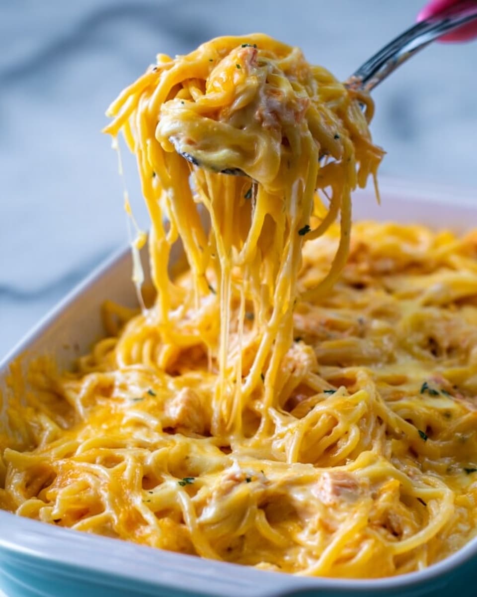 A close-up of a white dish filled with spaghetti layered with creamy orange and light yellow cheese sauce, mixed with small pieces of pink bacon, showing melted cheese stretching in strands as a spoon lifts a portion. The spaghetti is thick and coated in the shiny cheese sauce, with a soft and smooth texture. The dish sits on a white marbled surface, and a woman's hand is partially visible holding the spoon. photo taken with an iphone --ar 4:5 --v 7